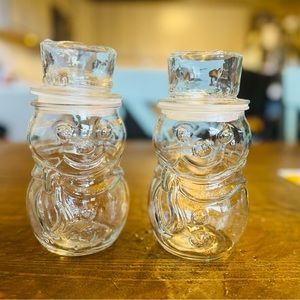 Pair of Vintage Clear Glass Snowman with Top Hat Candy Jar/ Canister